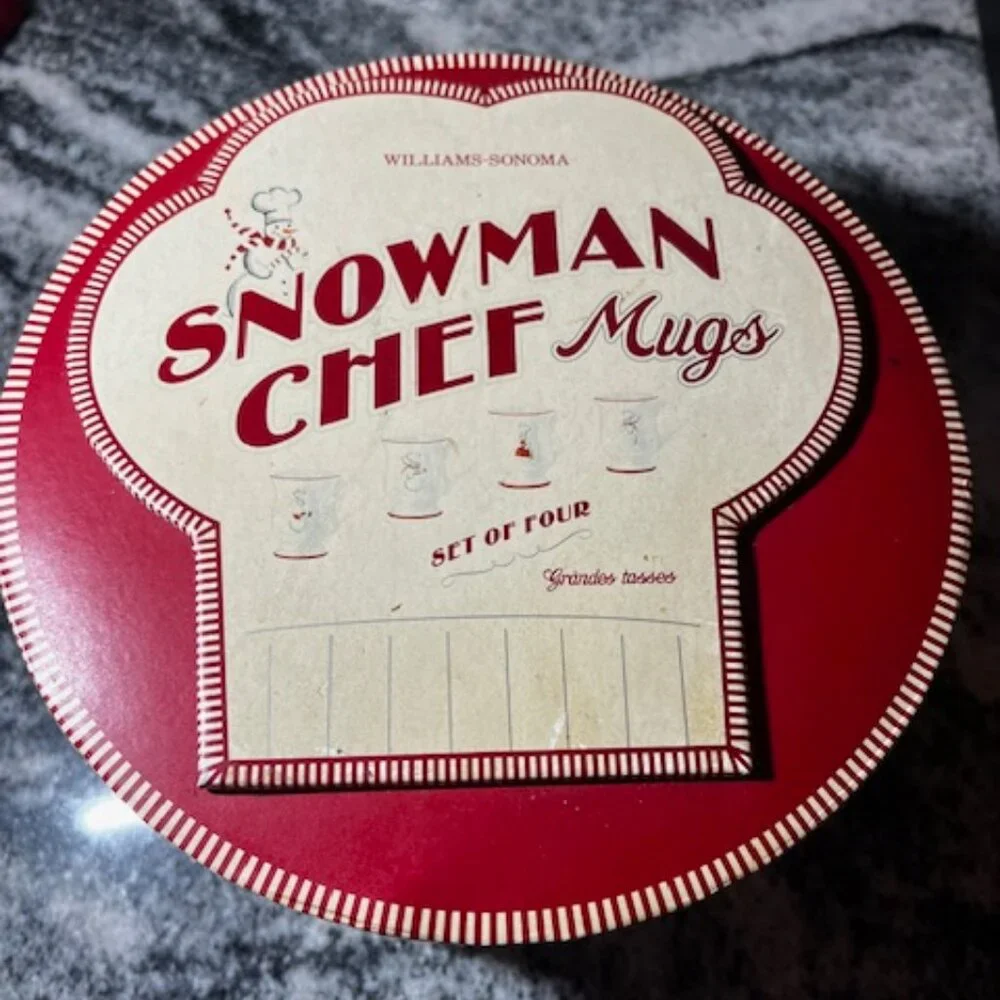 4 Williams Sonoma Snowman Chef Mugs, retired holiday pattern snowman chefs & box